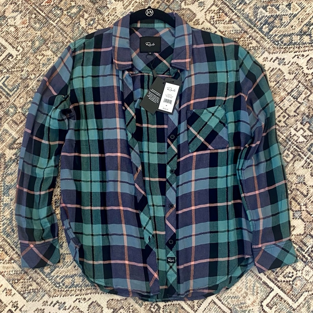 Rails Hunter Metallic Thread Plaid Button-up Shirt In Teal Navy Pink size Medium
